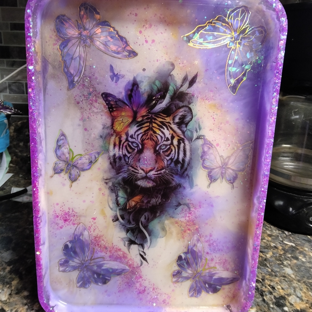Purple Tiger and Butterfly Decorative Tray